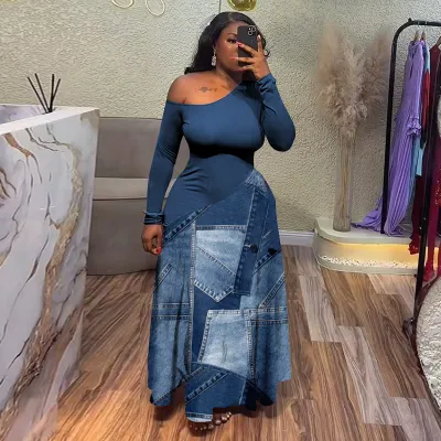 Women Fashion Sexy Elegant Plus Size Printed Stitching Slanted Shoulder Long-Sleeve Slim-Fit Dress