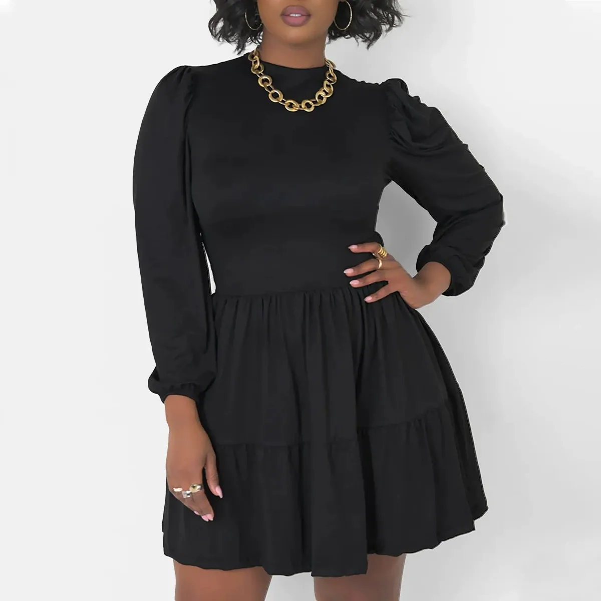 Women Casual Plus Size Solid Color Round Neck Long Sleeve Loose Dress