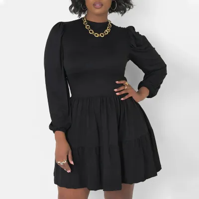 Women Casual Plus Size Solid Color Round Neck Long Sleeve Loose Dress