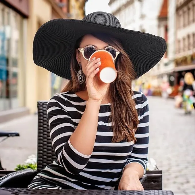 Women Fashion Solid Color Straw Foldable Wide Soft Brim Sunshade Hat