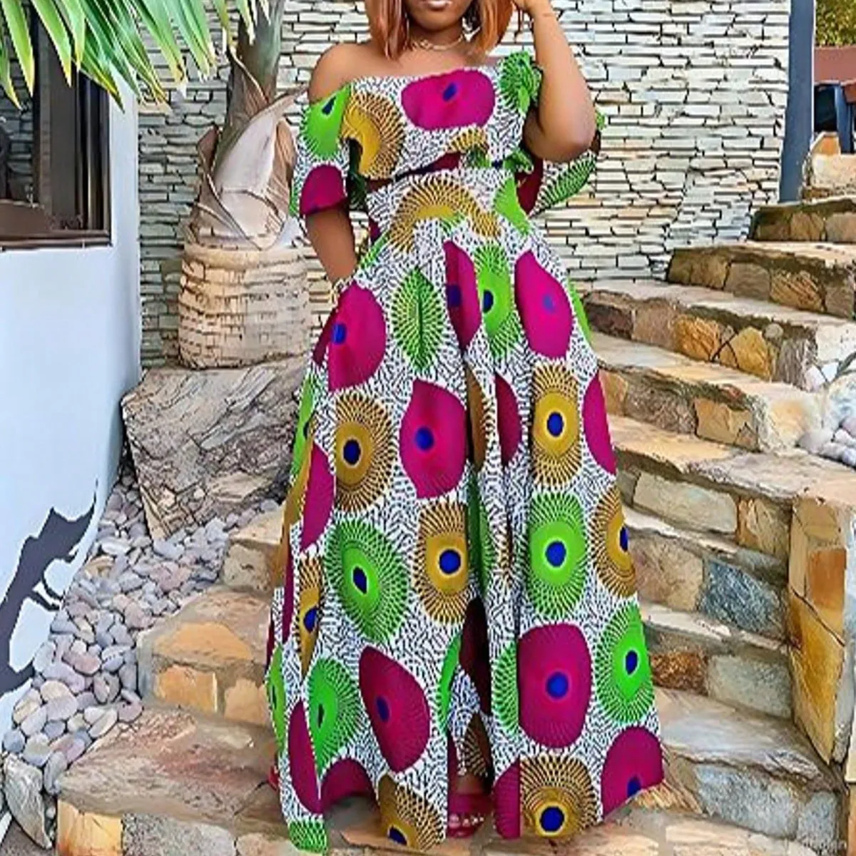 Women Fashion Sexy Plus Size African Print Off-Shoulder Short-Sleeve Loose A-Line Dress