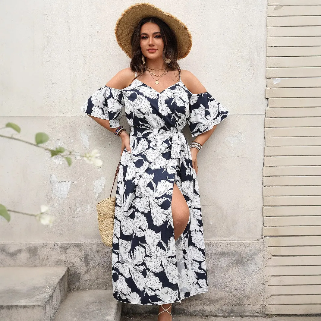 Women Fashion Sexy Plus Size Printed Spaghetti Strap Short-Sleeve Loose Split A-Line Midi Dress