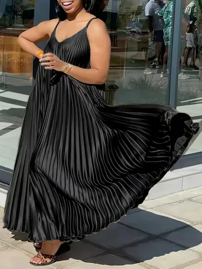 Women Plus Size Milk Fiber Elegant V-Neck Spaghetti Strap Loose Long Dress