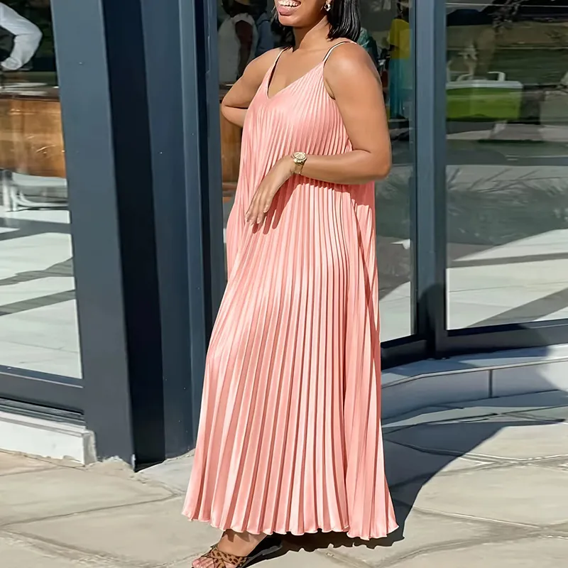 Women Plus Size Milk Fiber Elegant V-Neck Spaghetti Strap Loose Long Dress