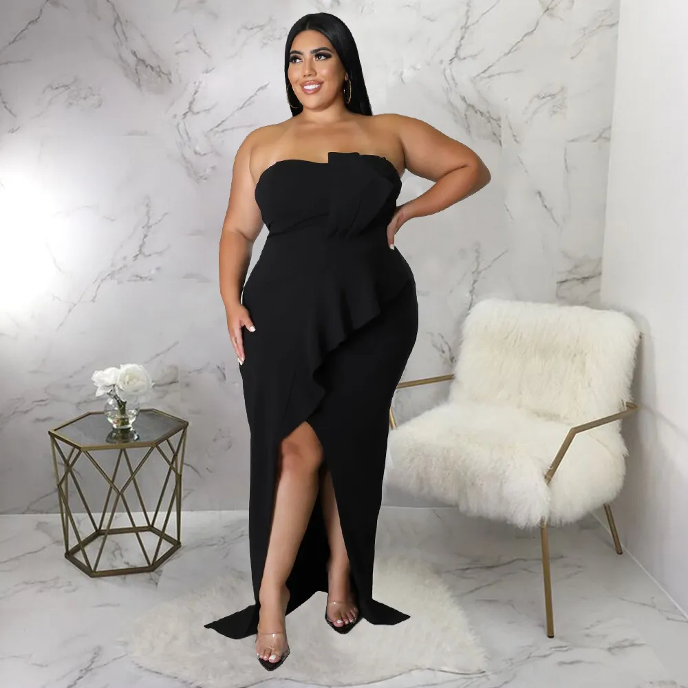Women Fashion Sexy Elegant Plus Size Solid Color Tube Top Split Slim-Fit Party Dress