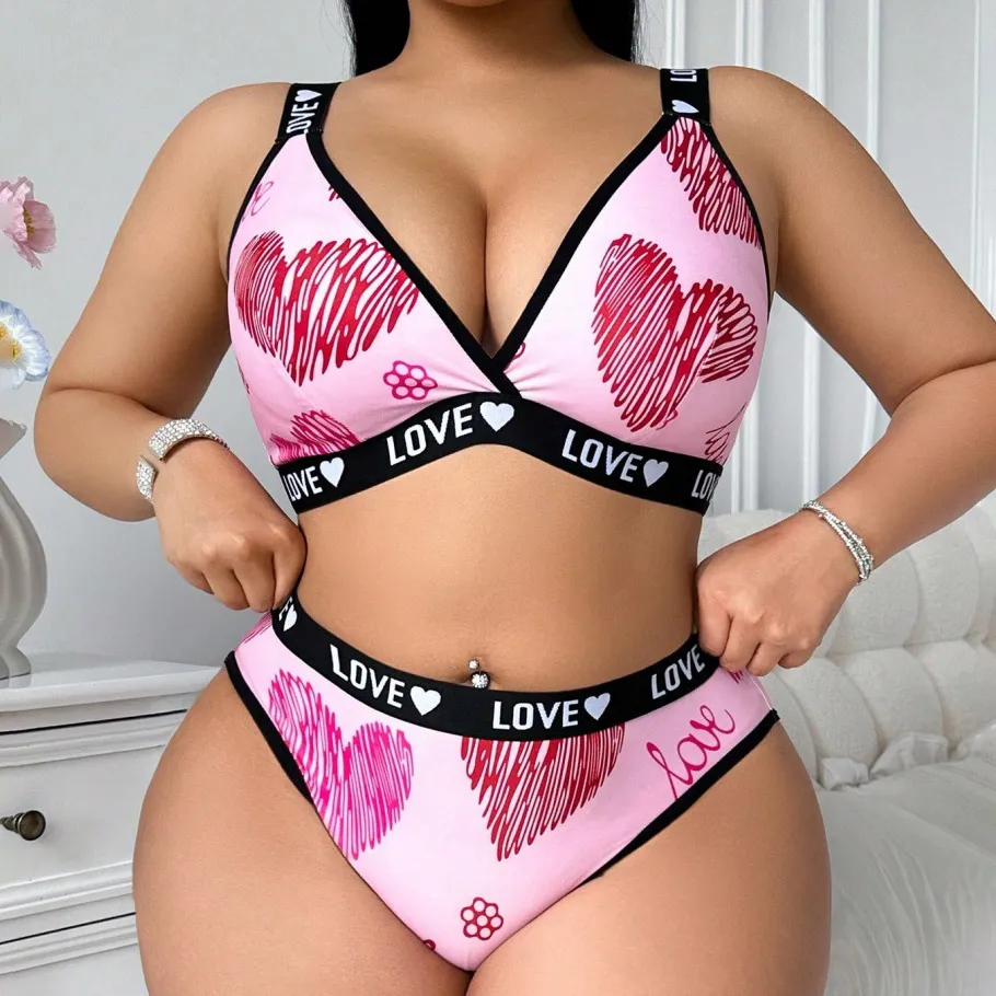 Women Plus Size Sexy Love Printed Perspective Bra Underwear Set