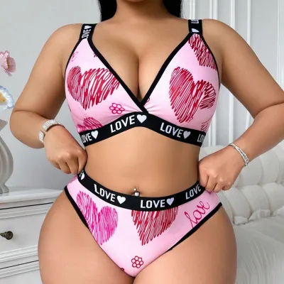 Women Plus Size Sexy Love Printed Perspective Bra Underwear Set
