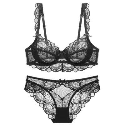 Women Fashion Sexy Plus Size Basic Solid Color Lace Ultra-Thin Non-Sponge Bra Underwear Set