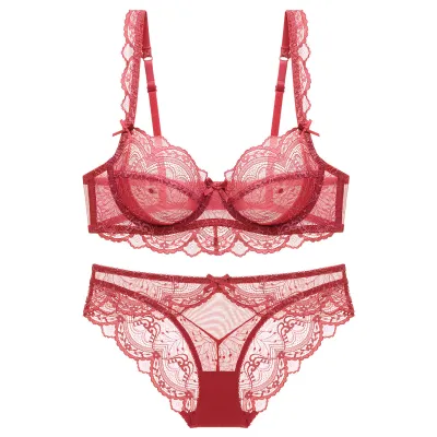 Women Fashion Sexy Plus Size Basic Solid Color Lace Ultra-Thin Non-Sponge Bra Underwear Set