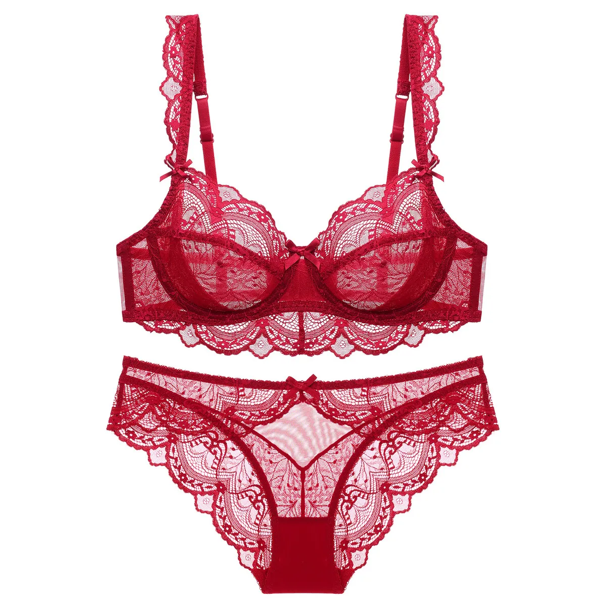 Women Fashion Sexy Plus Size Basic Solid Color Lace Ultra-Thin Non-Sponge Bra Underwear Set