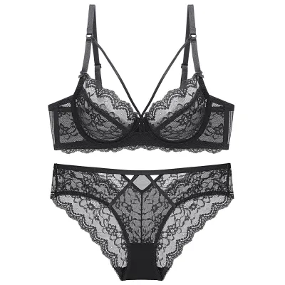 Women Plus Size Sexy Lace Ultra-Thin Non-Sponge Bra Underwear Set