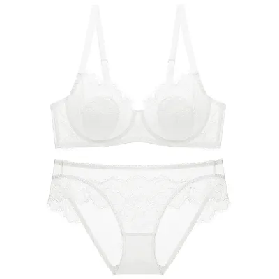 Women Plus Size Sexy Basic Solid Color Lace Thin Bra Underwear Set