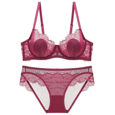 Women Plus Size Sexy Basic Solid Color Lace Thin Bra Underwear Set