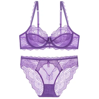 Women Plus Size Sexy Lace No Mold Cup 3/4 Bra Underwear Set