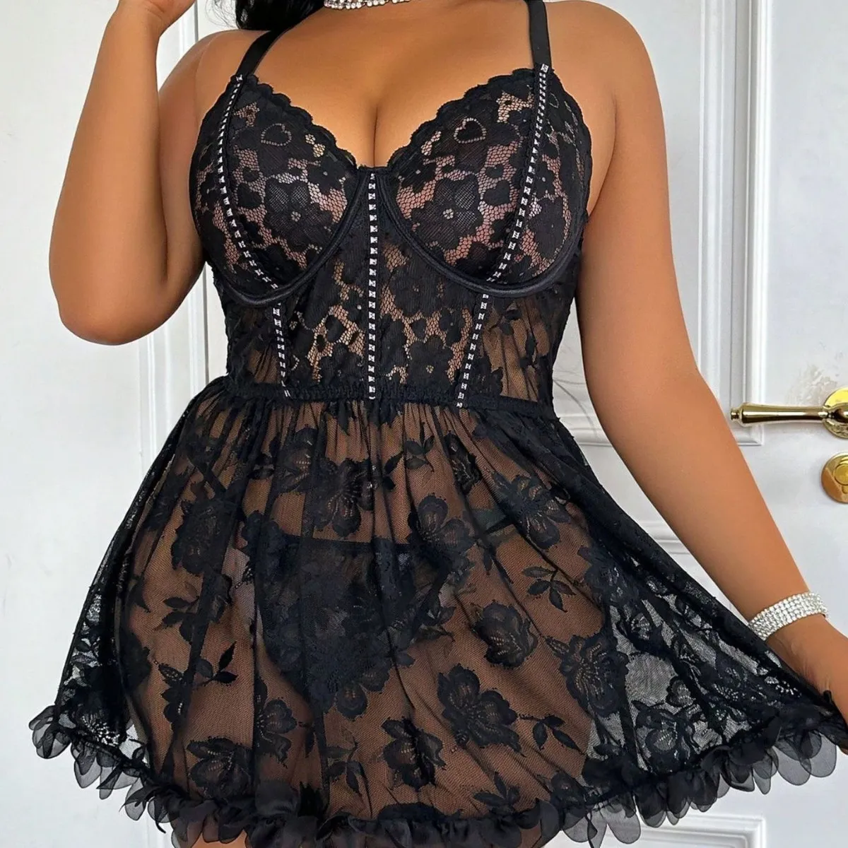 Women Plus Size Floral Mesh Lace Perspective Sexy Lingerie Set