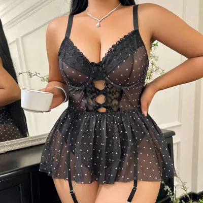 Women Plus Size Dot Printed Lace Mesh Breathable Sexy Lingerie Set