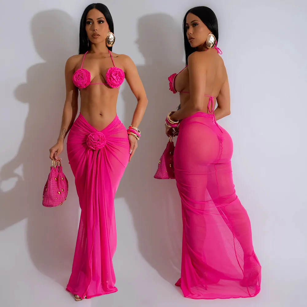 Women Fashion Sexy Solid Color Halter-Neck Bikini Swimsuit Mesh Skirts Three-Piece Set