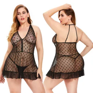 Women Plus Size Dot Print Lace Sexy Lingerie Set