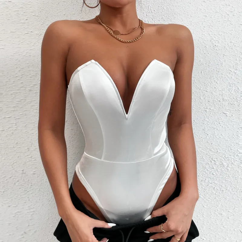 Women Solid Color Sleeveless Tube Top Bodysuit Croset