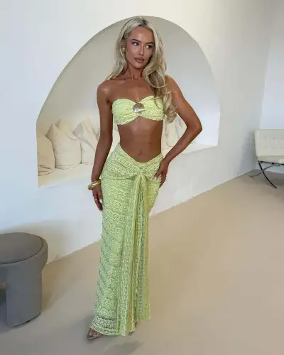 Women Fashion Sexy Solid Color Lace Jacquard Tube Top Swimsuit Two-Piece Set