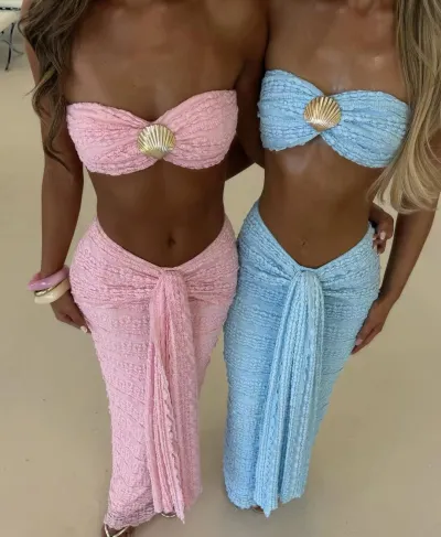 Women Fashion Sexy Solid Color Lace Jacquard Tube Top Swimsuit Two-Piece Set