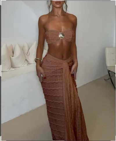 Women Fashion Sexy Solid Color Lace Jacquard Tube Top Swimsuit Two-Piece Set