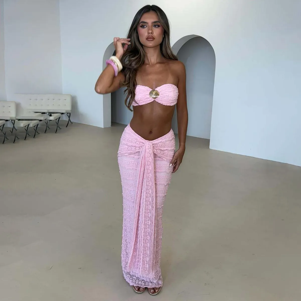 Women Fashion Sexy Solid Color Lace Jacquard Tube Top Swimsuit Two-Piece Set