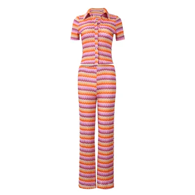 Women Fashion Casual Stripe Lapel-Breasted Short Sleeve Top Straight Pants Two-Piece Set