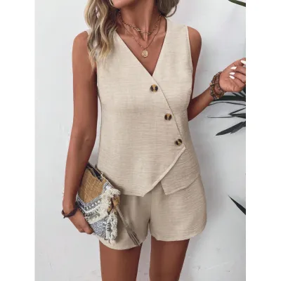 Women Fashion Casual Solid Color Irregular V-Neck Vest Loose Shorts Two-Piece Set