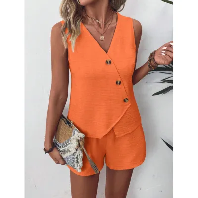 Women Fashion Casual Solid Color Irregular V-Neck Vest Loose Shorts Two-Piece Set