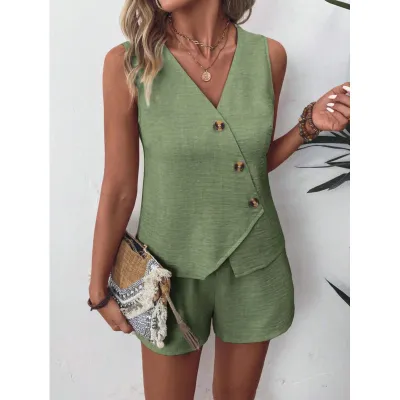 Women Fashion Casual Solid Color Irregular V-Neck Vest Loose Shorts Two-Piece Set