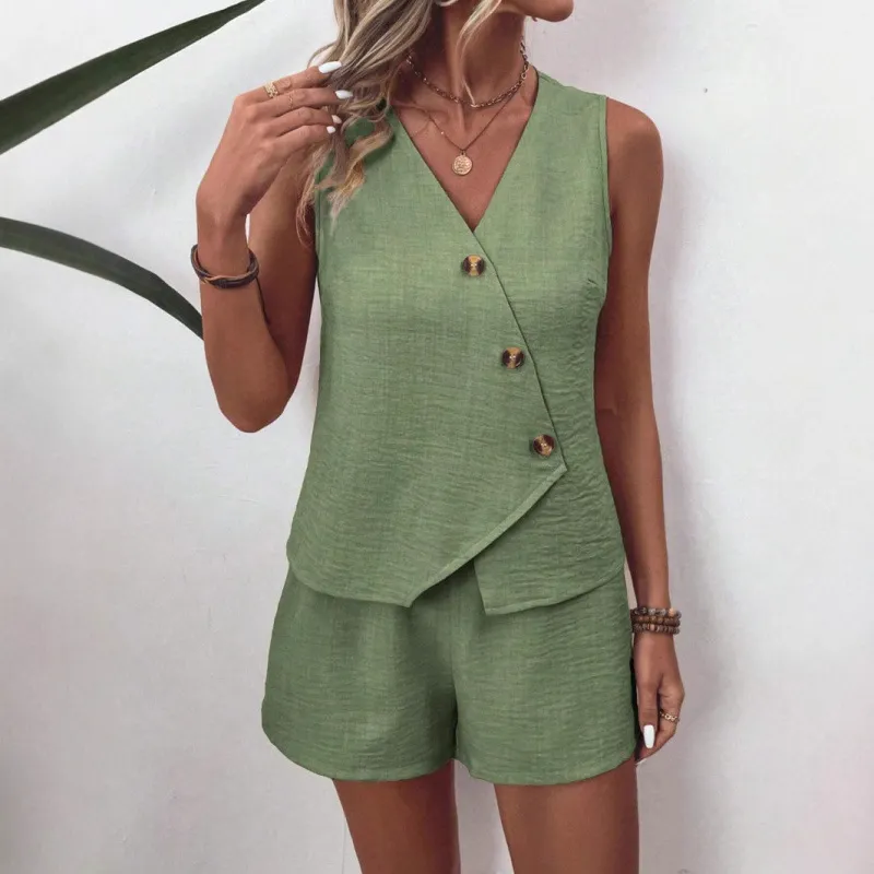 Women Fashion Casual Solid Color Irregular V-Neck Vest Loose Shorts Two-Piece Set