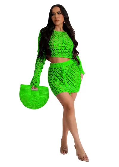 Women Fashion Sexy Solid Color Sequins Knitted Hollow Long-Sleeve Top Skirts Swimsuit Two-Piece Set