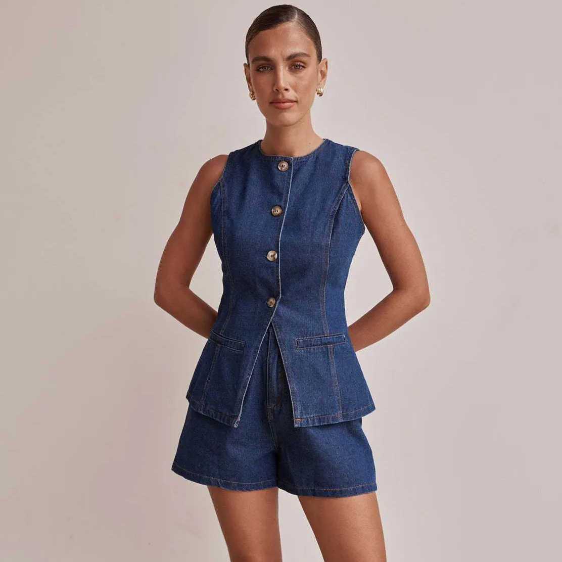 Women Fashion Casual Sleeveless Single-Breasted Tank Top High Waist Loose Denim Shorts Two-Piece Set