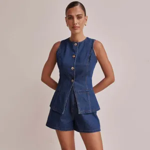 Women Fashion Casual Sleeveless Single-Breasted Tank Top High Waist Loose Denim Shorts Two-Piece Set