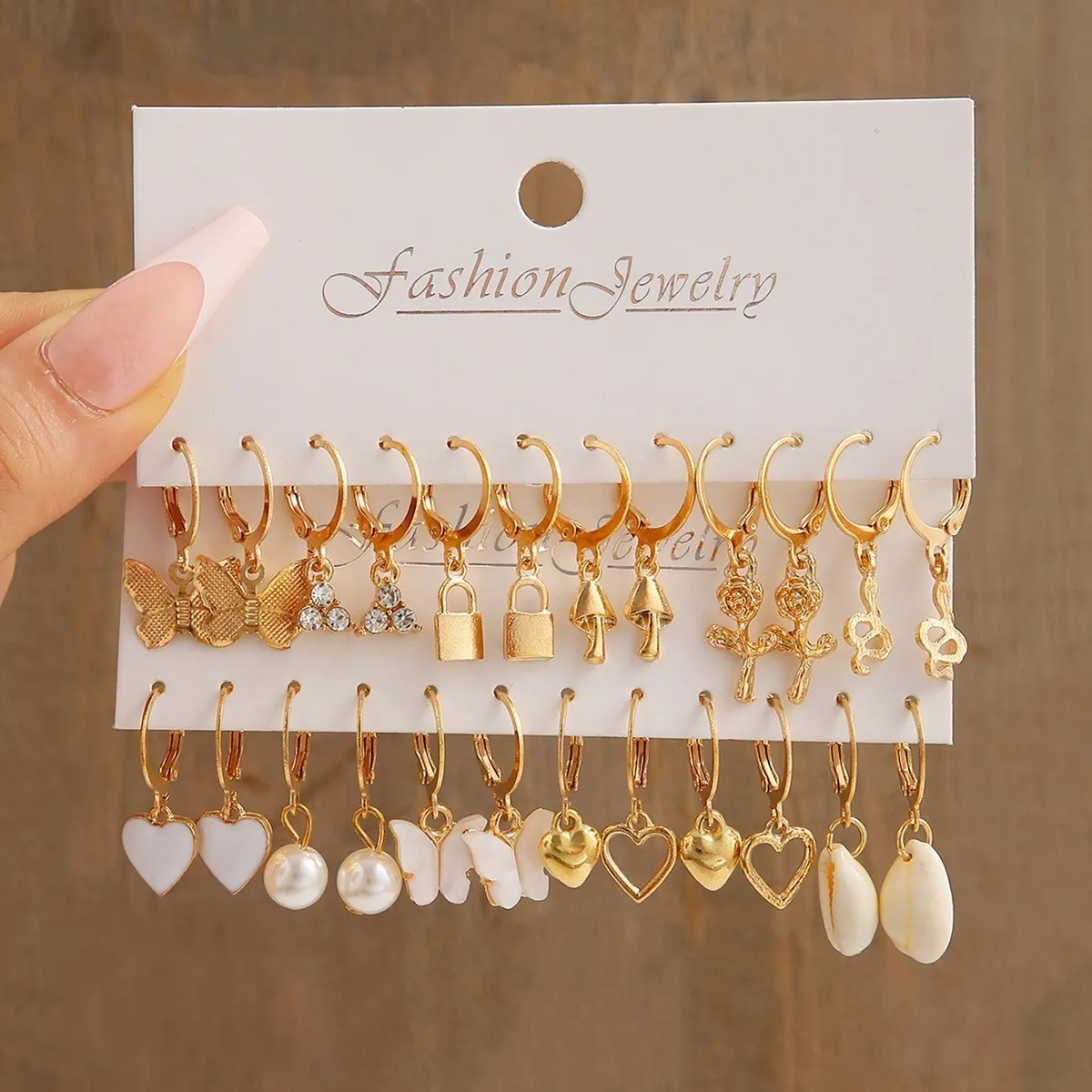 Women Fashion Creative Love Pearl Lock Snake Butterfly Earrings 12 Pair/Set