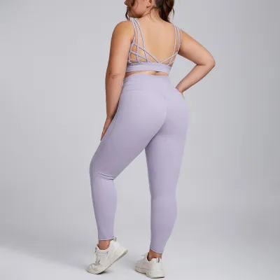 Women Fashion Sexy Plus Size Solid Color Elastic Quick-Dry Tank Top Leggings Yoga Two-Piece Set