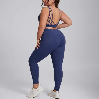 Women Fashion Sexy Plus Size Solid Color Elastic Quick-Dry Tank Top Leggings Yoga Two-Piece Set