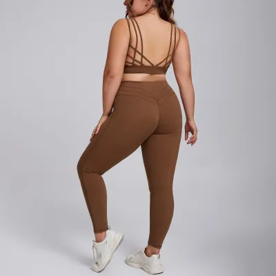 Women Fashion Sexy Plus Size Solid Color Elastic Quick-Dry Tank Top Leggings Yoga Two-Piece Set