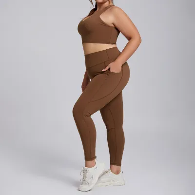 Women Fashion Sexy Plus Size Solid Color High Elastic Breathable Bra Leggings Sports Yoga Two-Piece Set