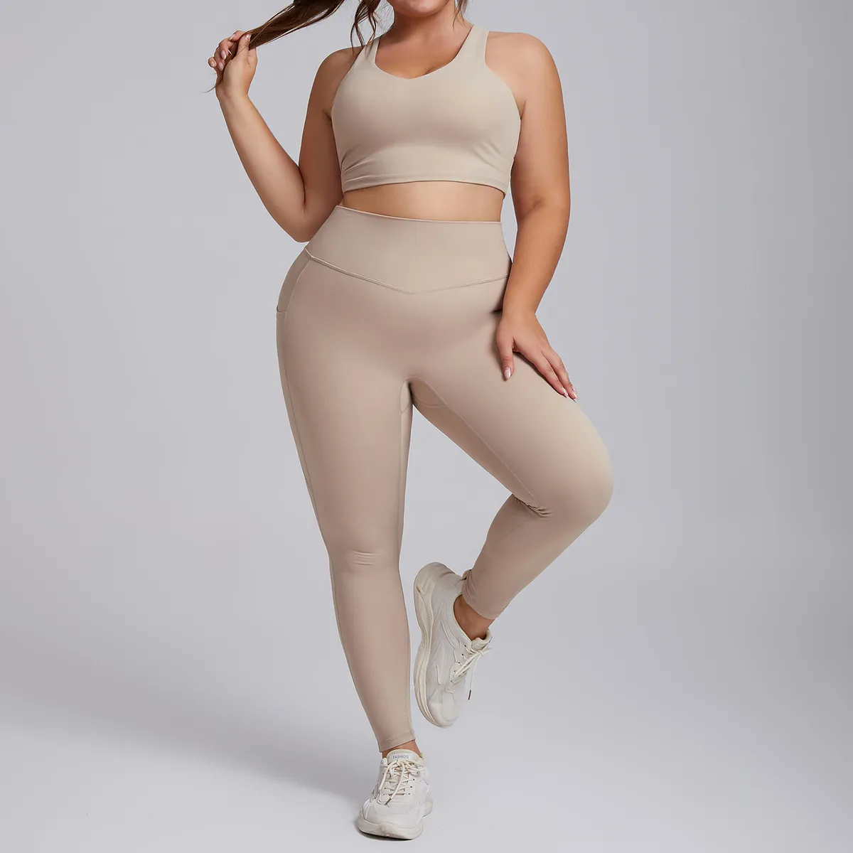 Women Fashion Sexy Plus Size Solid Color High Elastic Breathable Bra Leggings Sports Yoga Two-Piece Set