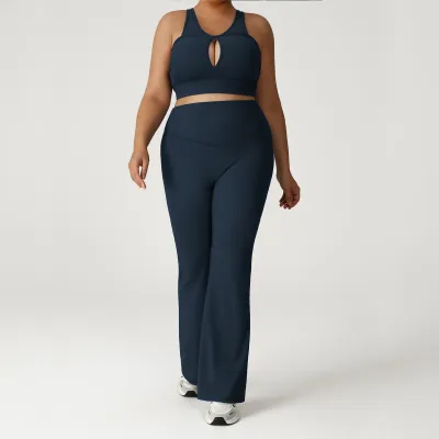 Women Fashion Sexy Plus Size Solid Color Bra High Waist Tight Pants Yoga Two-Piece Set