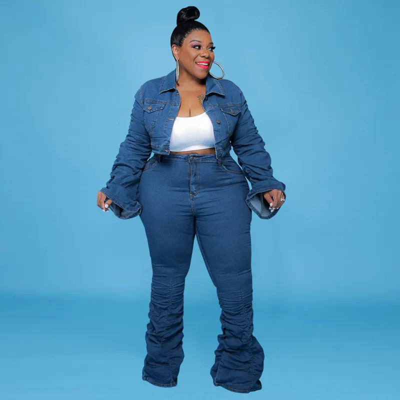 Women Fashion Casual Plus Size Denim Long-Sleeve Jacket Pleated Jeans Two-Piece Set