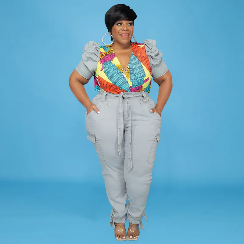 Women Fashion Casual Plus Size Printed Puff Sleeve Top Skinny Jeans Denim Two-Piece Set