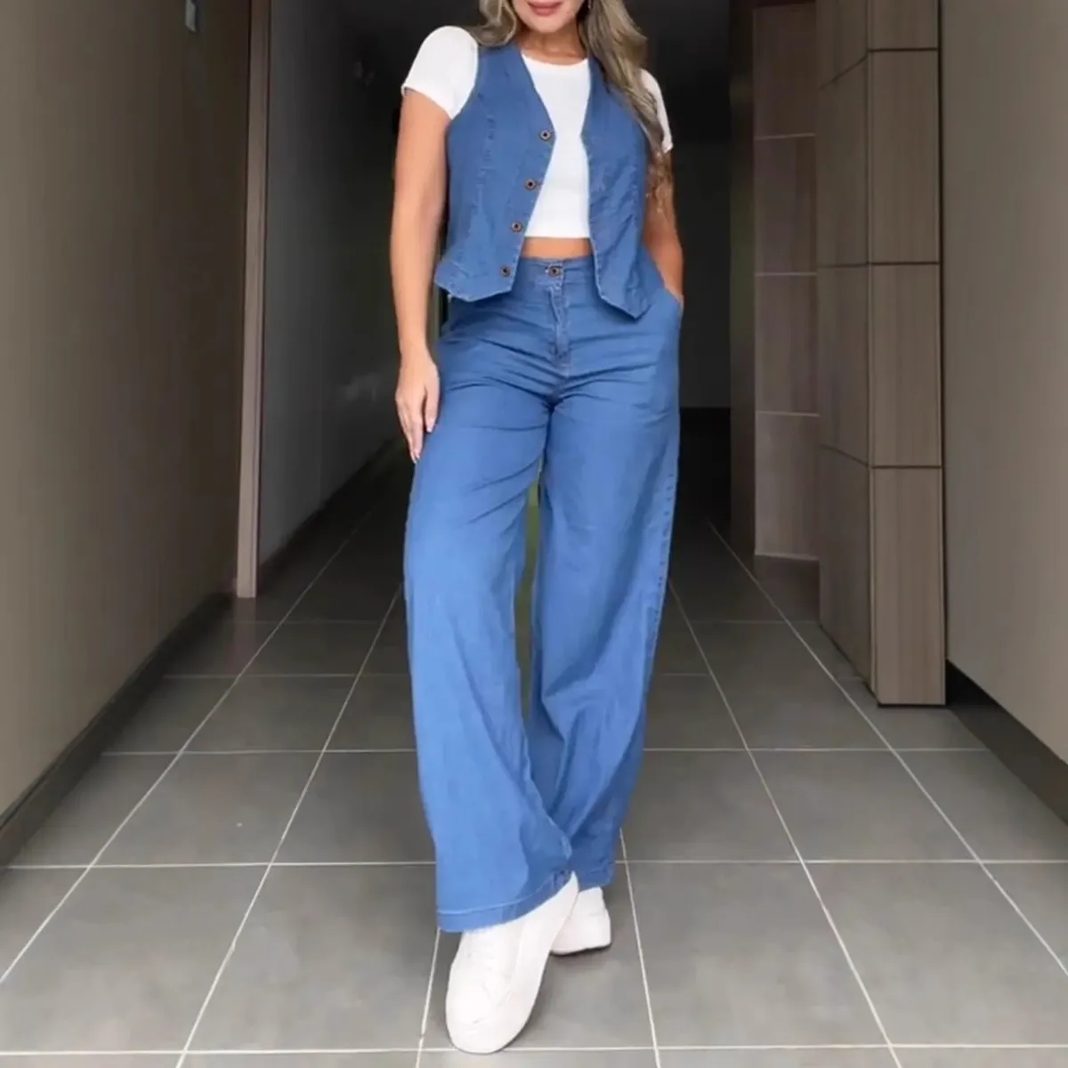 Women Fashion Casual Plus Size Solid Color Sleeveless Vest Straight Jeans Denim Two-Piece Set