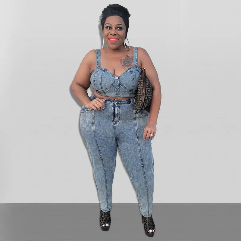 Women Fashion Sexy Plus Size Wash Tank Top Jeans Denim Two-Piece Set