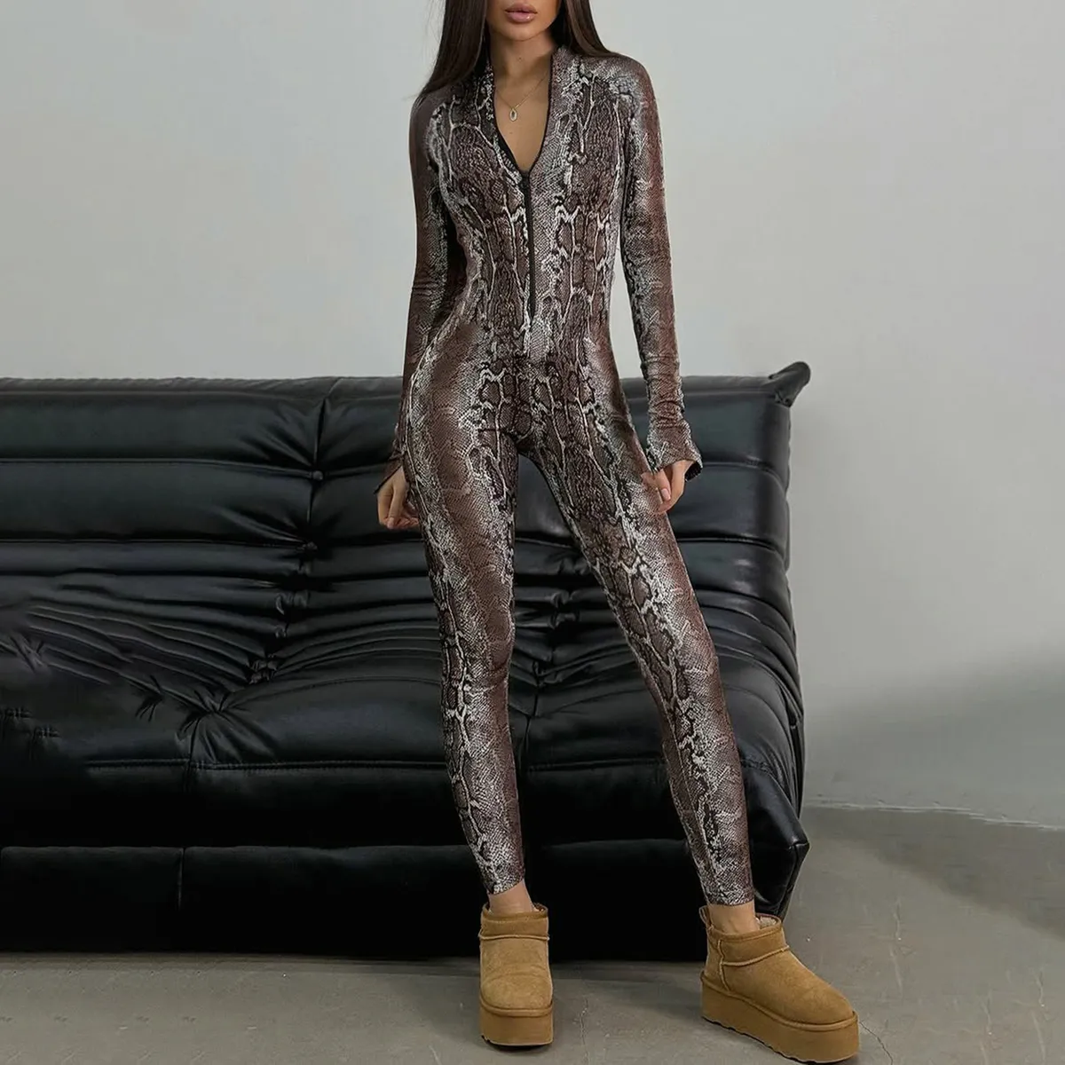 Women Fashion Sexy Snakeskin Printed Long-Sleeve Zipper Jumpsuit