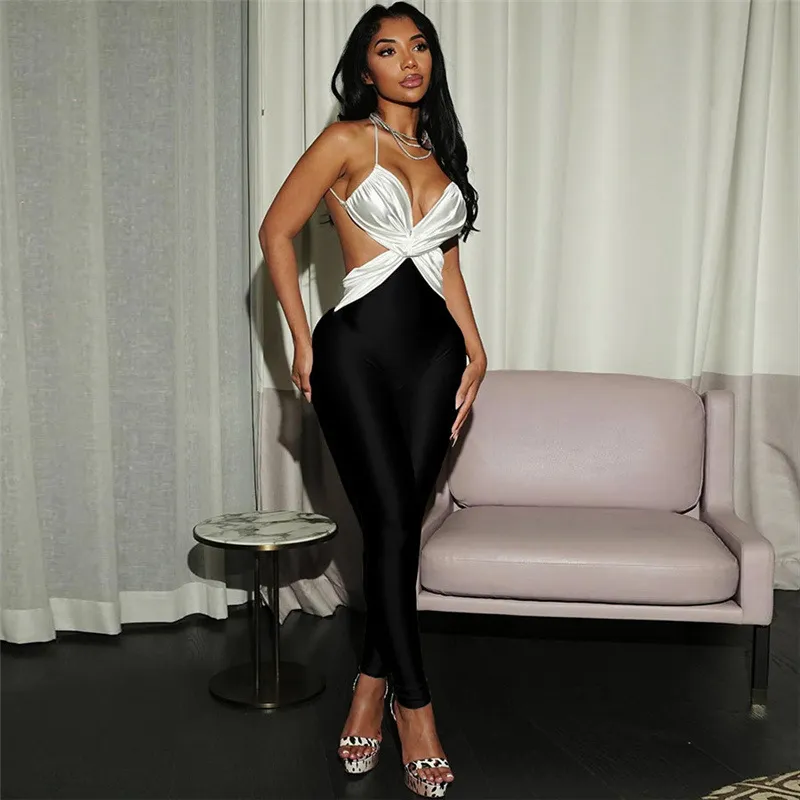 Women Fashion Sexy Contrast Cross Backless High Waist Jumpsuits