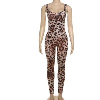 Women Fashion Ssexy Leopard Print Sleeveless Backless Jumpsuit