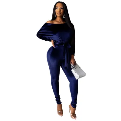 Women Fashion Sexy Solid Color Velvet Stretch Slanted Shoulder Long-Sleeve Belt Jumpsuit